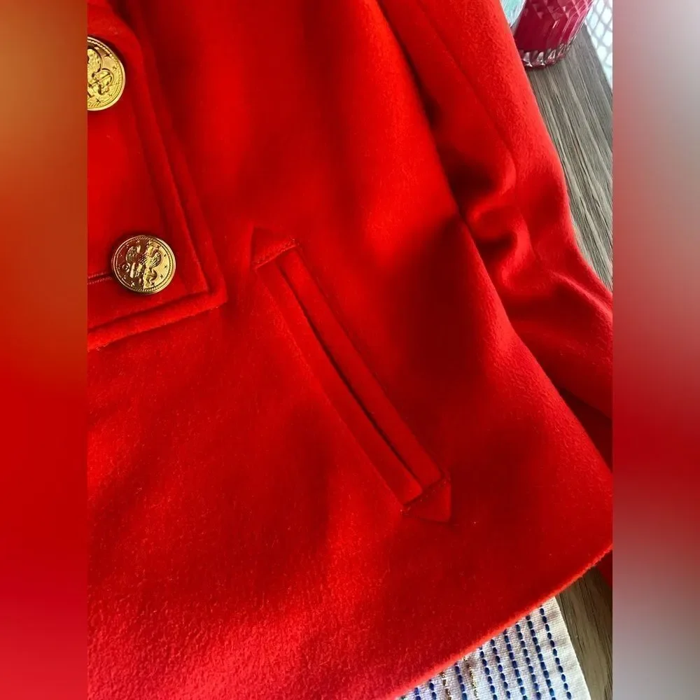 J. Crew Pea Coat Womens Red 100% Wool Nello Gori Gold Button Classic Sz 4